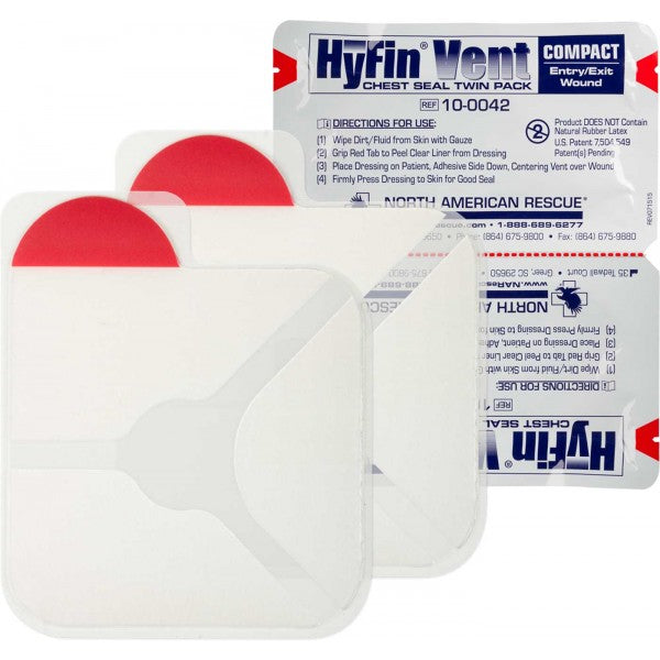 HyFin Vent Compact Chest Seal Twin Pack with red tabs and sterile packaging shown. Designed for treating open chest wounds and preventing tension pneumothorax. TacMed Australia – compact, lifesaving chest seals for trauma kits.