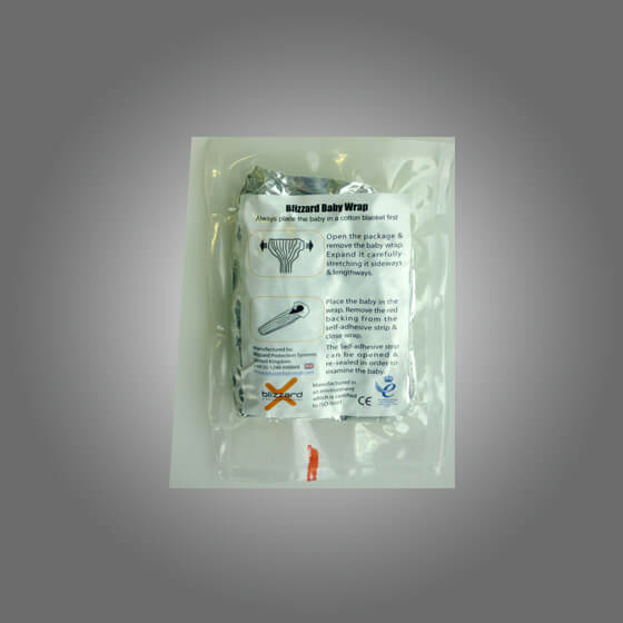 Vacuum-sealed Blizzard EMS Baby Wrap in clear packaging with illustrated usage instructions on the front.