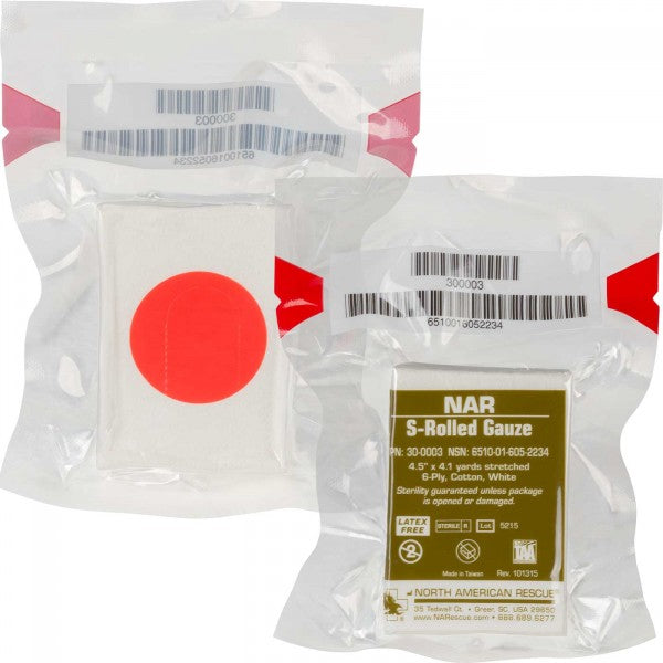 NAR S-Rolled Gauze vacuum sealed in clear packaging with red tear tab visible. Designed for controlled, compact wound packing in tactical or emergency care. TacMed Australia – trusted gauze for bleeding control and trauma response.