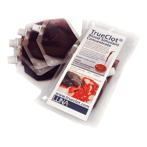 Pack of four 1L pouches of TrueClot Blood Simulant Concentrate with branded label and simulated blood image.
