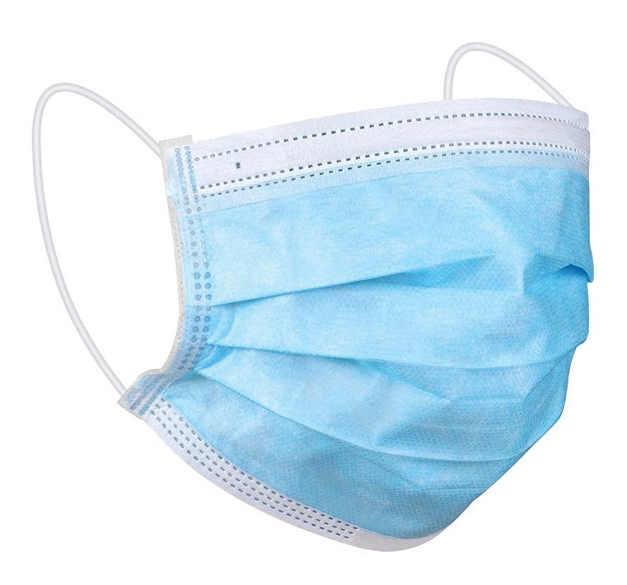 Light blue disposable face mask with ear loops, shown from the front and slightly angled.