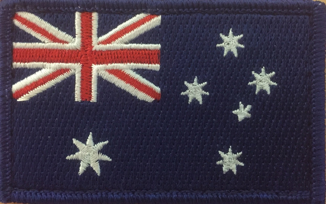 Embroidered Australian flag patch in navy blue, featuring Union Jack and Southern Cross design, sized 8x5cm with Velcro backing for tactical uniforms or gear.