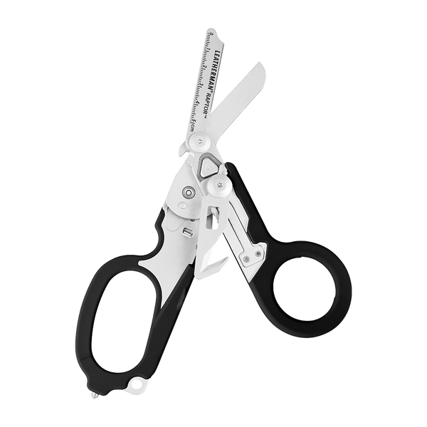 Leatherman Raptor folded and placed inside black holster, showing belt-ready setup. Compact and MOLLE-compatible. TacMed Australia – rugged multitool for emergency professionals.
