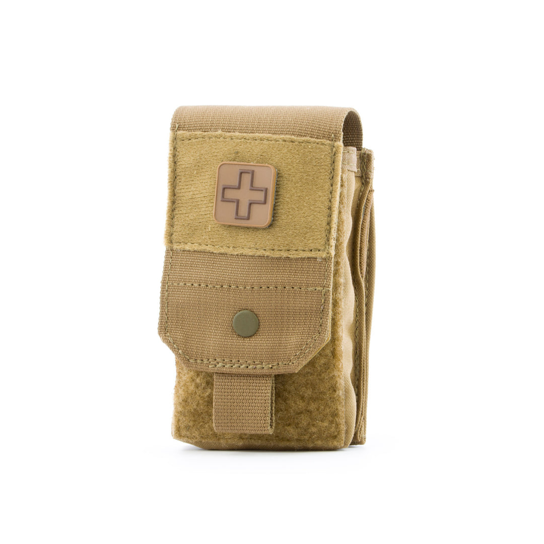 SABA pouch in tan fabric with medical cross patch and button closure.