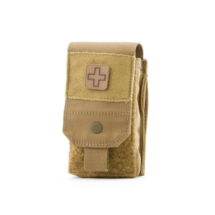 SABA pouch in tan fabric with medical cross patch and button closure.