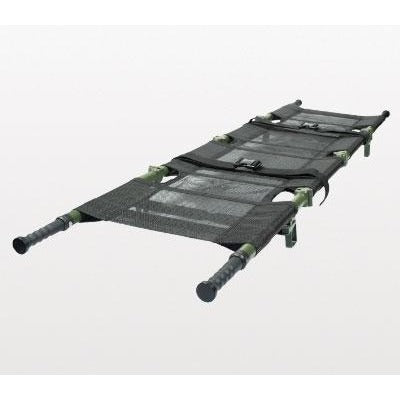Black collapsible tactical stretcher with mesh panels and reinforced handles, displayed fully extended on a white background.
