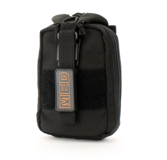 Black ETAK Tearaway Pouch with visible 'MED' label, top handle, and MOLLE-compatible backing.
