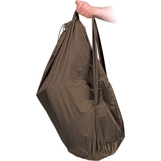 Brown casualty equipment bag with carry handles shown being held in one hand.