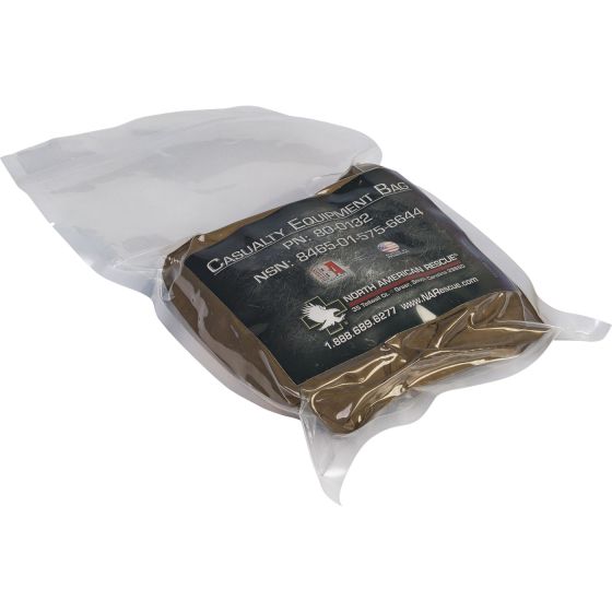 Vacuum-sealed NAR Casualty Equipment Bag in brown with product label visible.
