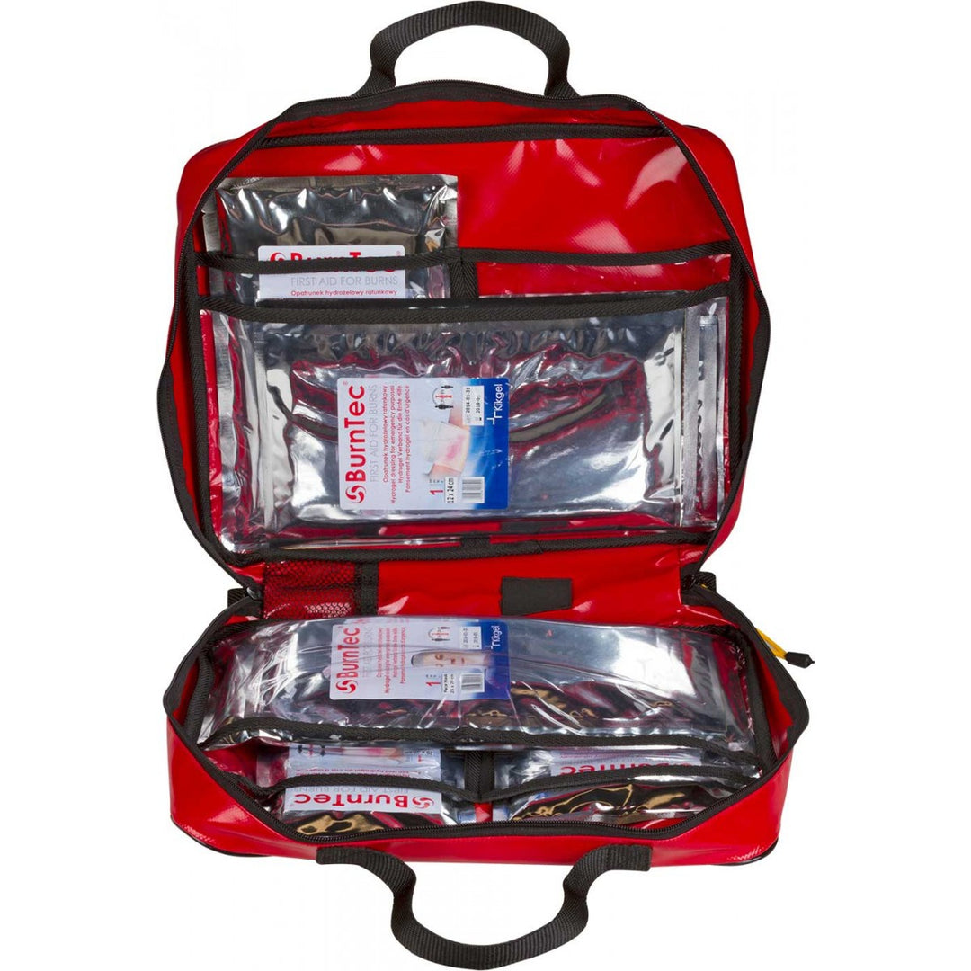 Open BurnTec burns kit showing neatly organized hydrogel dressings in internal compartments.