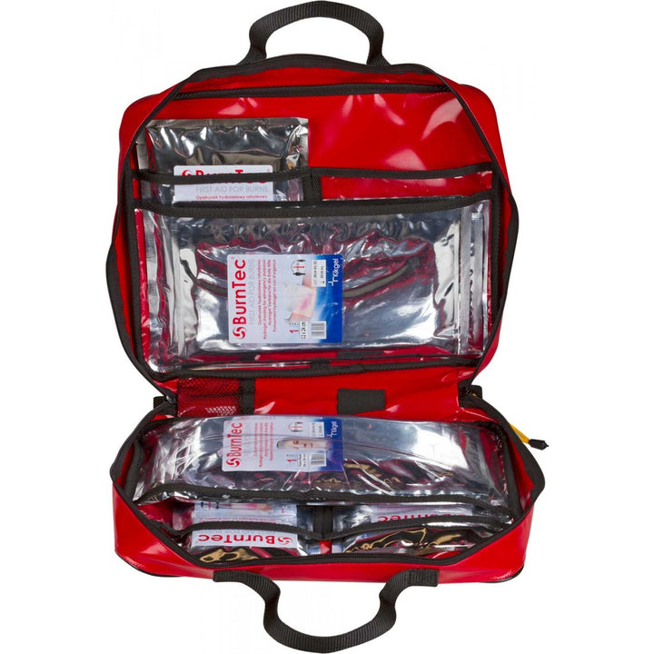 Open BurnTec burns kit showing neatly organized hydrogel dressings in internal compartments.