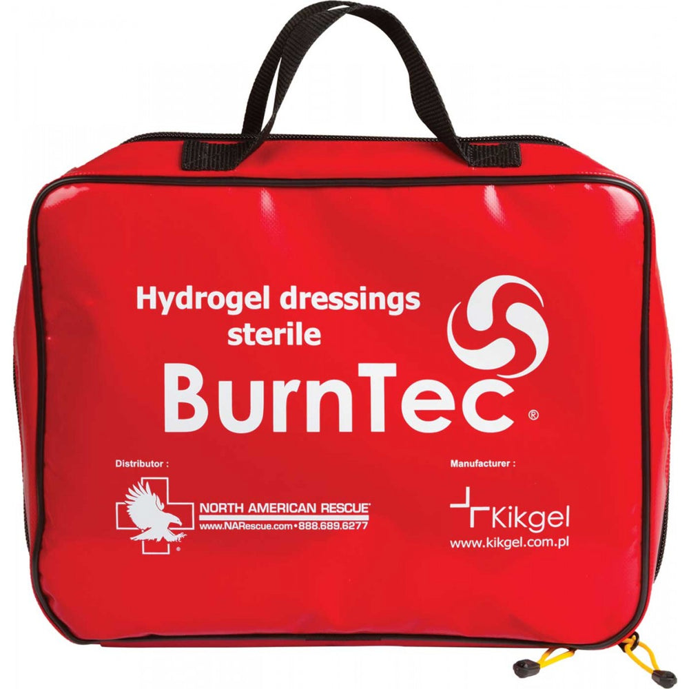 Front view of closed red BurnTec carry case labeled 'Hydrogel dressings sterile'