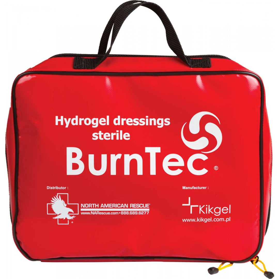 Front view of closed red BurnTec carry case labeled 'Hydrogel dressings sterile'