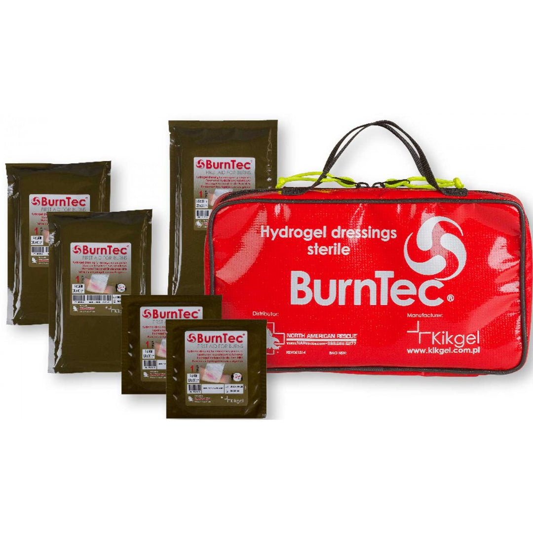 BurnTec small burns kit with red carry case and hydrogel dressings displayed.