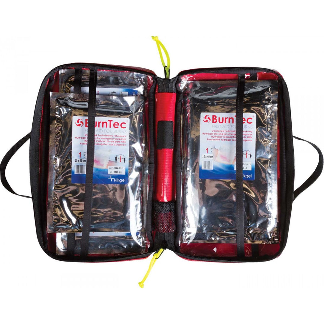 Open BurnTec kit showing organized compartments and burn dressings inside.