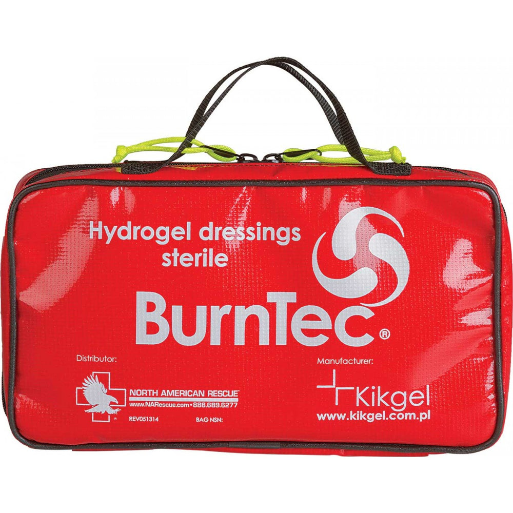 Front view of the closed BurnTec small burns kit in a red zippered case.