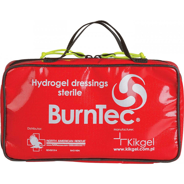 Front view of the closed BurnTec small burns kit in a red zippered case.