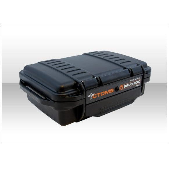 Closed black DrugBox hard case with molded handle and secure latches.