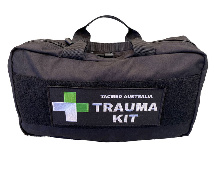 Black TacMed trauma kit bag with high-vis ID patch. Durable, compact solution for car, truck, and workplace first responders.