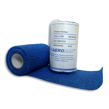 AeroBan blue cohesive bandage upright with full label, shown next to partial roll. Compact and easy to apply. TacMed Australia – essential bandage for trauma kits and clinics.