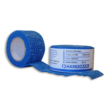 AeroBan Cohesive Bandage in blue, partially unrolled with product label visible. Self-adhering wrap designed for secure compression without clips. TacMed Australia – ideal for first aid, sprains, and wound dressing.