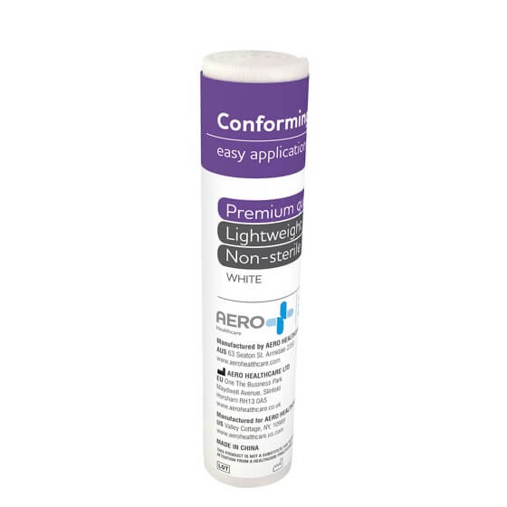 White conforming bandage shown upright with descriptive label including application use. Non-sterile and latex-free. TacMed Australia – first aid bandage for secure wound coverage.