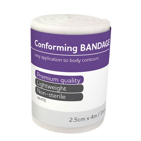 AeroForm Conforming Bandage in white with purple label showing size 2.5cm x 4m. Lightweight and non-sterile for secure dressing support. TacMed Australia – easy-apply stretch bandage for first aid use.