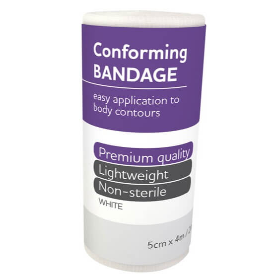 AeroForm Conforming Bandage white 5cm x 4m version with purple label. Designed for contouring around limbs and joints. TacMed Australia – premium elastic bandage for wound dressing and compression.