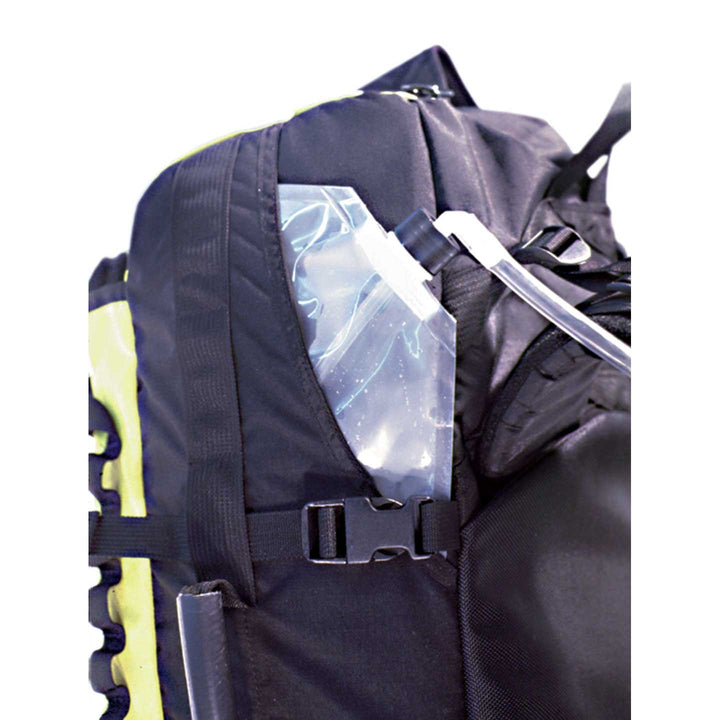Side hydration pouch of ALS Extreme Pack with IV fluid bag stored.