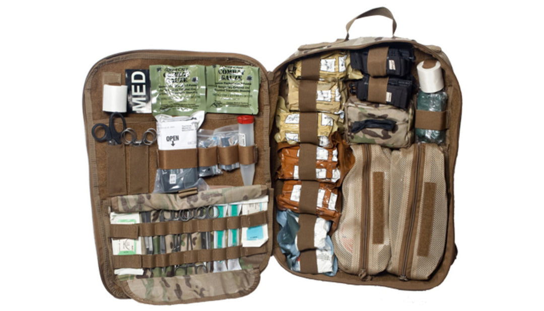 Open Any Mission Pack displaying internal compartments and elastic loops with organised medical supplies.