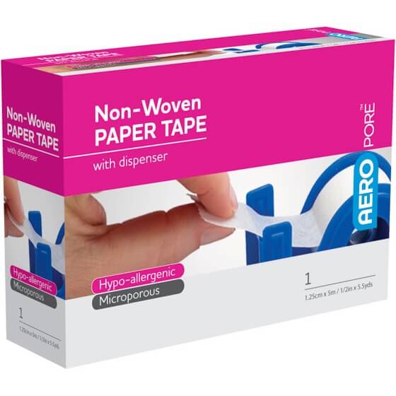 Side view of AeroPore paper tape box with hand applying tape to forearm.