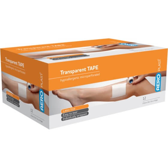 AeroPlast Transparent Tape retail box showing tape being applied to a person's arm.