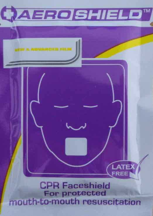 AeroShield CPR face shield in sealed purple pack with human face diagram and 'Latex Free' label. Designed for safe and hygienic mouth-to-mouth resuscitation. TacMed Australia – compact barrier device for first aid responders.