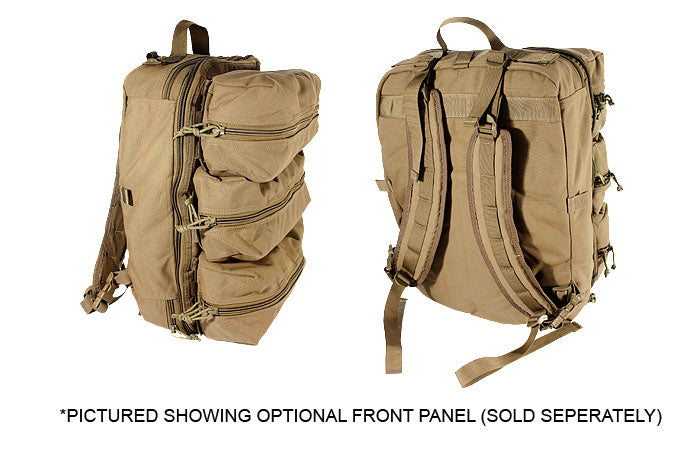 Side and rear views of the coyote brown Any Mission Pack showing shoulder straps, hydration port, and modular pouch attachments.