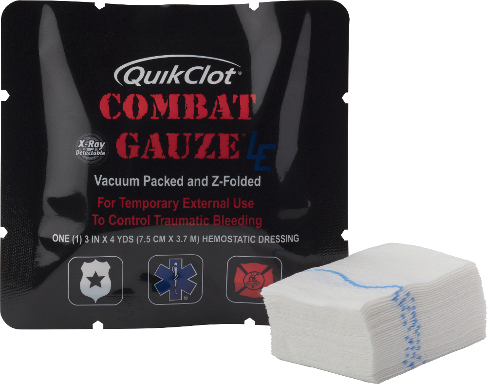 Vacuum-sealed black QuikClot Combat Gauze LE pack with a z-folded white gauze featuring a blue x-ray detectable strip beside it.
