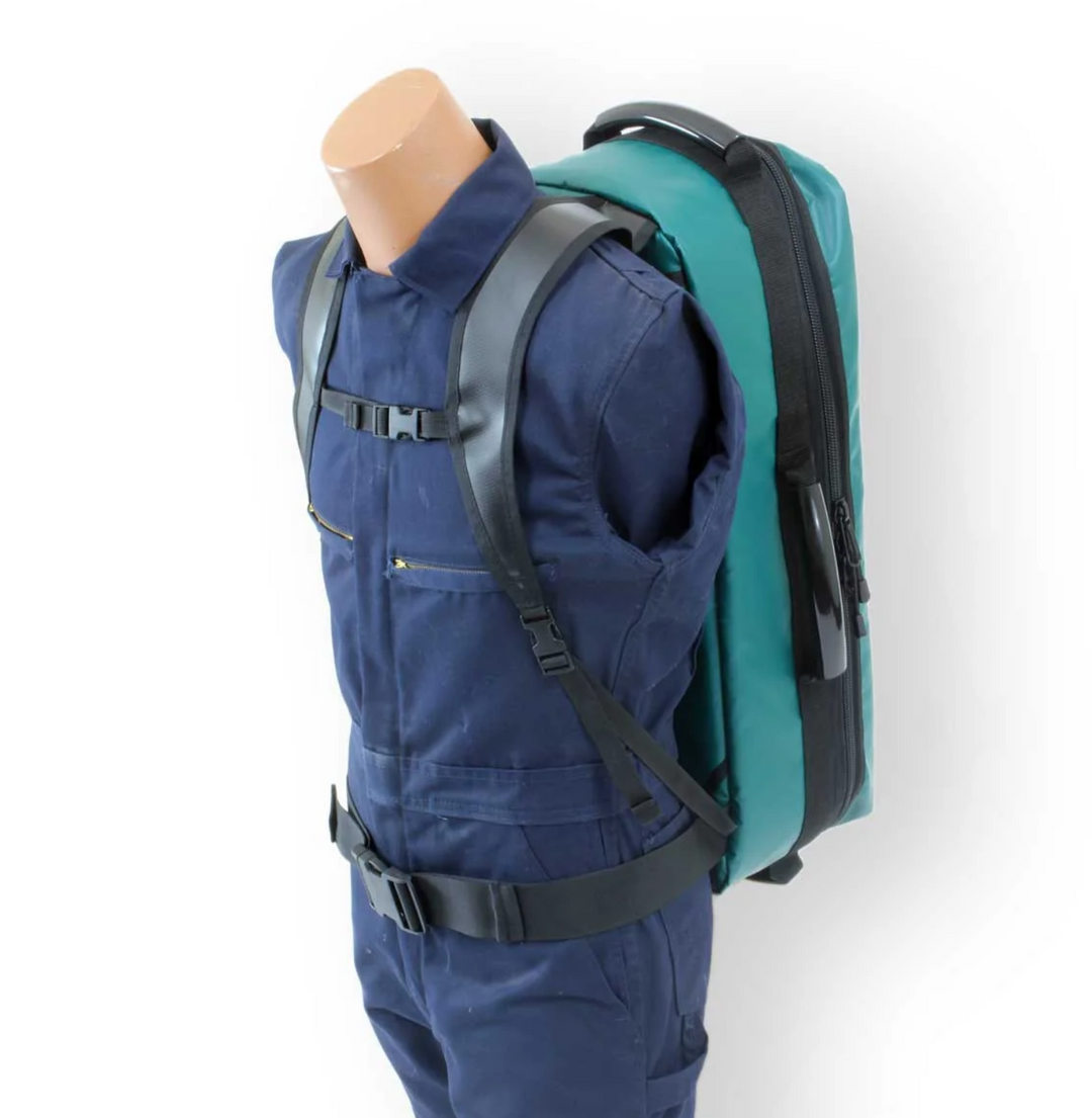 Conterra Airway Pro worn as a backpack on a mannequin, demonstrating its ergonomic shoulder strap system.