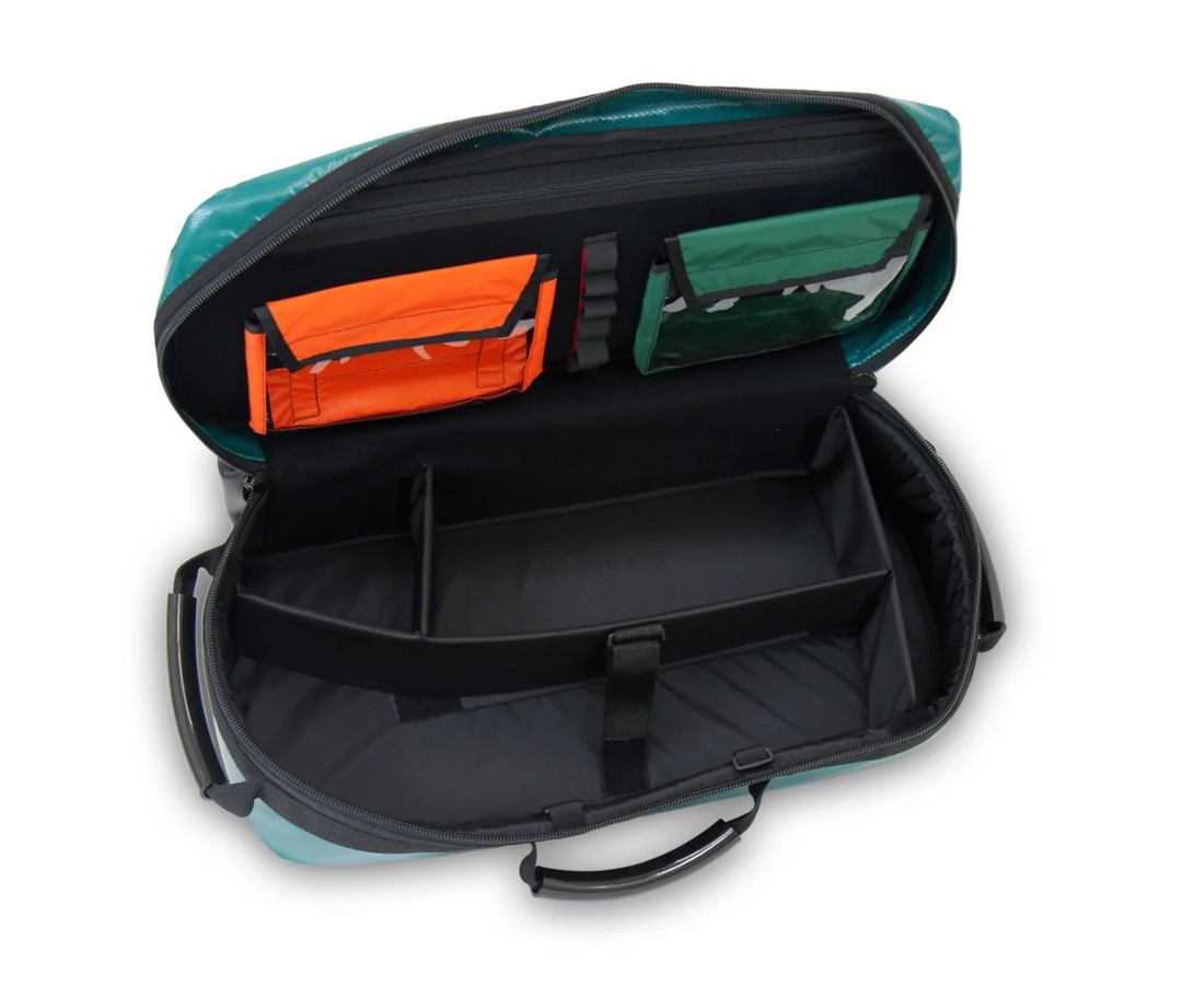 Interior view of the Conterra Airway Pro showing multiple compartments with color-coded pouches for airway equipment.