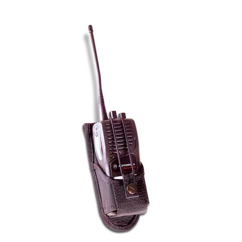 Conterra Omni Holster securely holding a handheld radio with long antenna, designed for belt or MOLLE attachment.