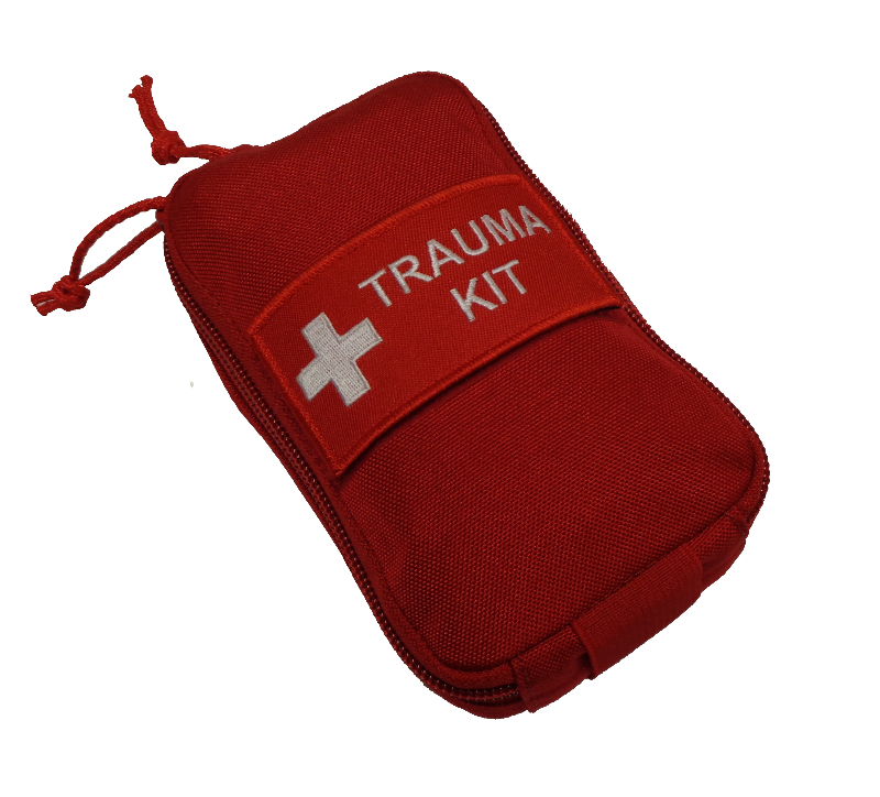 Red Community First Responder Trauma Kit pouch with white cross and TRAUMA KIT label, designed for rapid access in emergencies. Includes essential first aid supplies for bleeding, airway, and wound care.