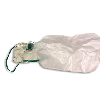 Oxygen mask with attached transparent reservoir bag and green elastic head strap, laid flat on a white background.