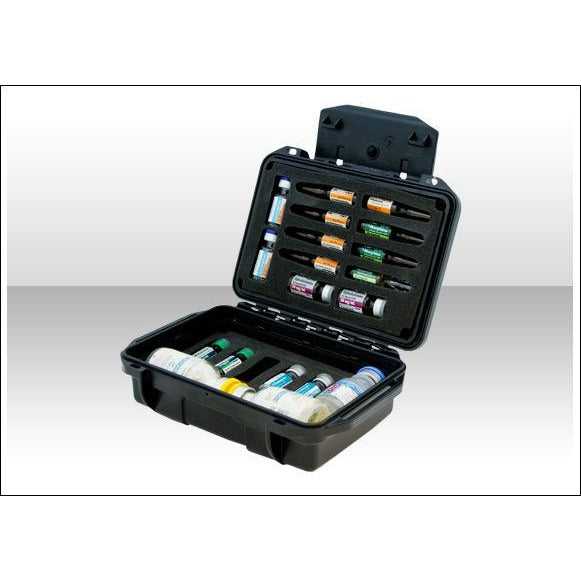 Hard-shell DrugBox case open to reveal various medical ampoules organized in precut foam.