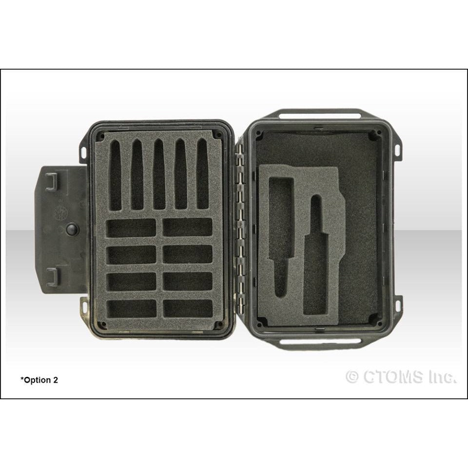 Top-down view of DrugBox open with symmetrical foam layout for holding medication securely.
