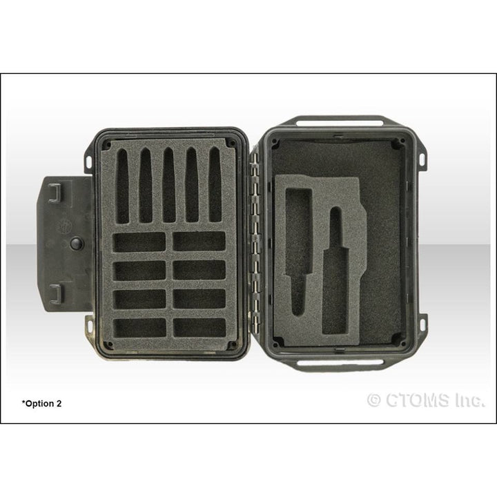 Top-down view of DrugBox open with symmetrical foam layout for holding medication securely.