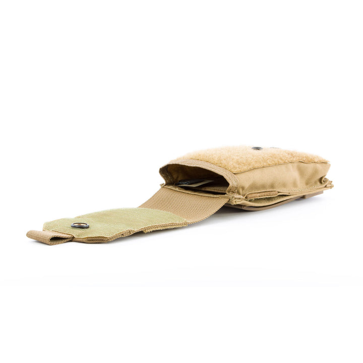 Tan SABA pouch opened, showing internal compartments.