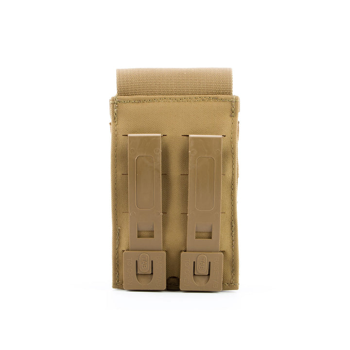 Rear view of Eleven 10 SABA pouch in tan, showing MOLLE attachment straps.
