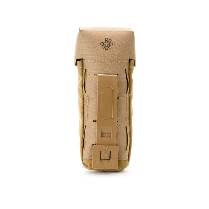 Back of tan Eleven 10 pouch with MOLLE webbing.
