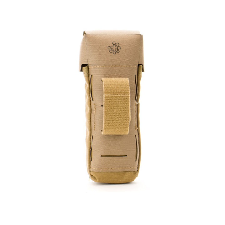 Alternate rear view of tan Eleven 10 pouch showing retention straps.