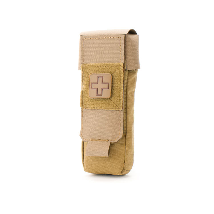 Front view of tan Eleven 10 tourniquet pouch with medical cross.