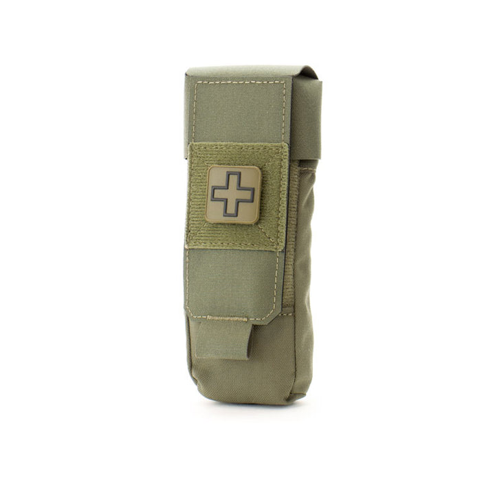 Olive drab Eleven 10 tourniquet pouch showing front medical symbol.