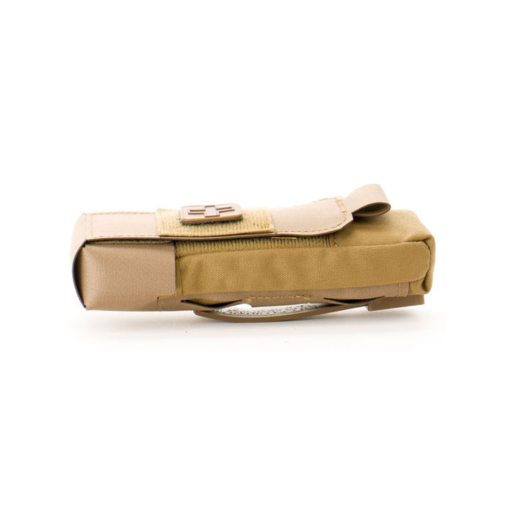 Horizontal side view of Eleven 10 pouch partially open with contents visible.